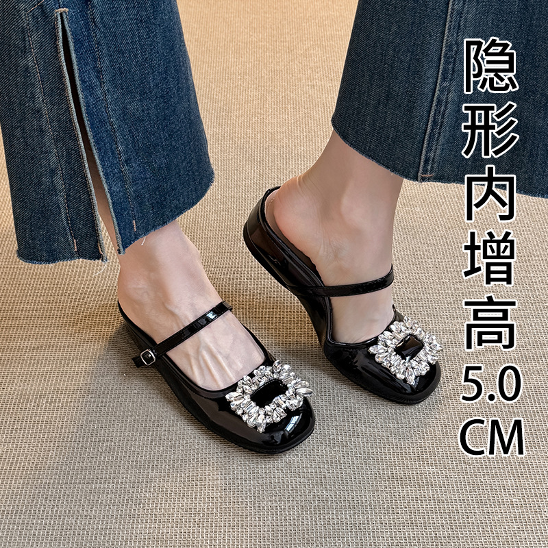 圆头水钻包头半拖鞋女玛丽珍鞋
