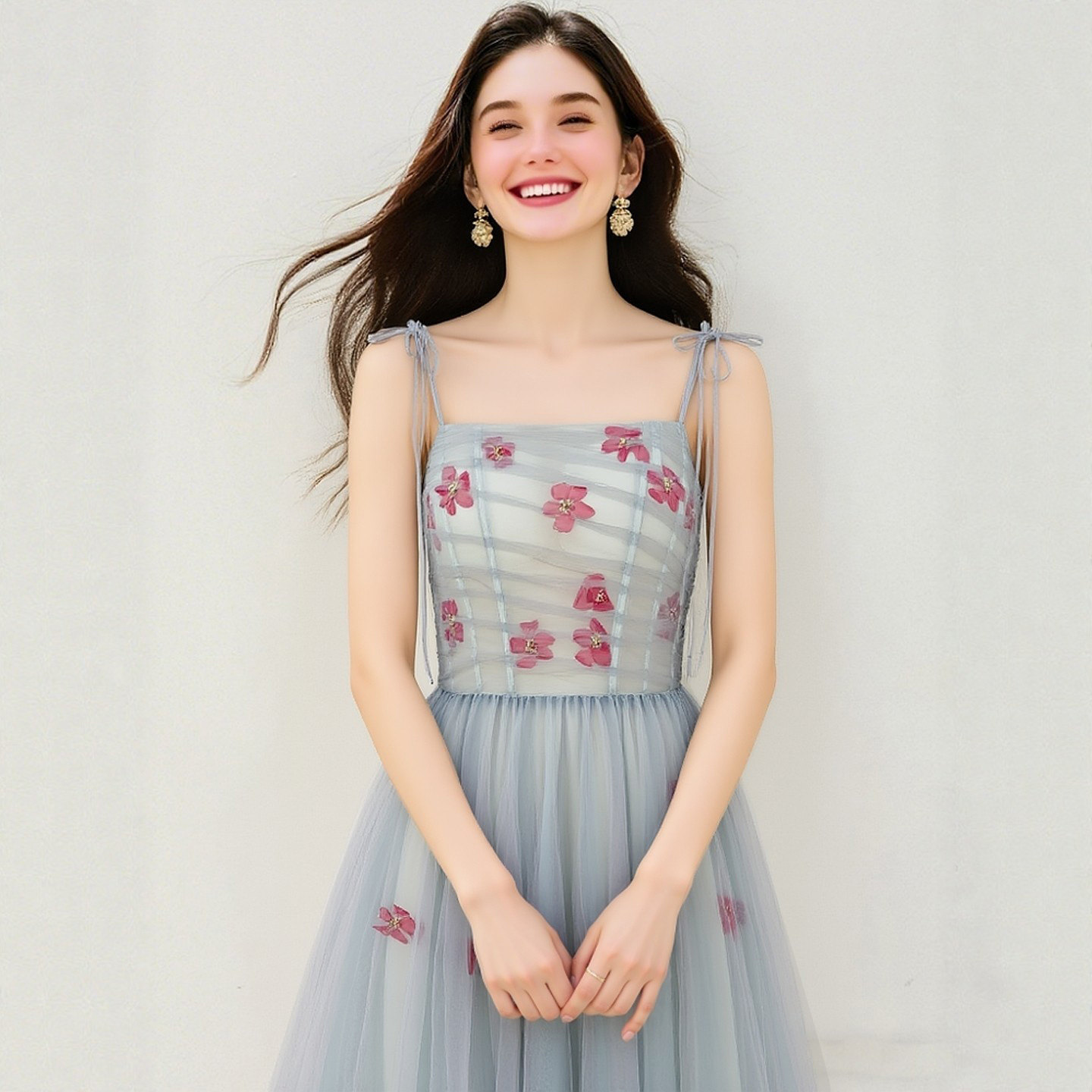 梨兮裙子唯美仙气风立体花朵绑带网纱裙年会礼服拖地长款蓬蓬裙女