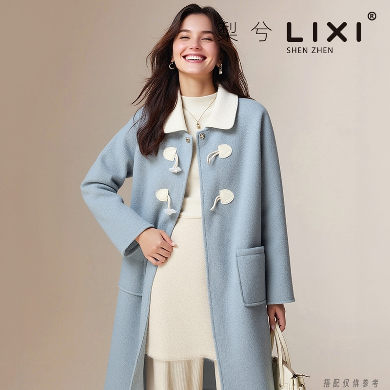 专柜同款冬季学院风娃娃领牛角扣纯色羊毛呢大衣显瘦中长毛呢外套