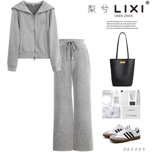 专柜同款双拉链海军领磨毛加厚休闲套装运动长裤两件套秋冬厚款女