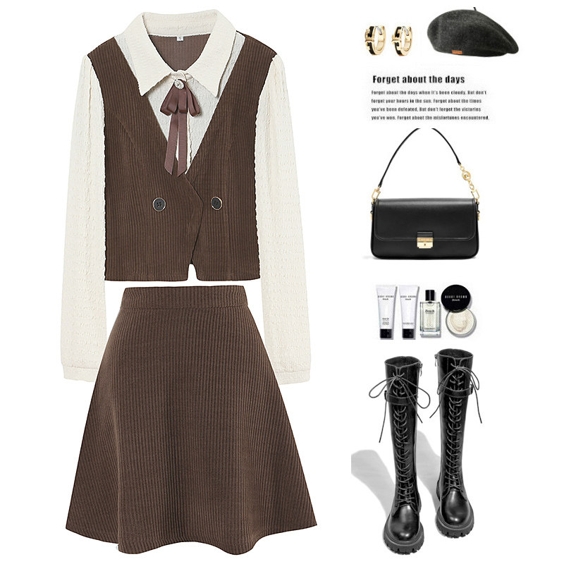 梨兮冬款显瘦假两件拼接雪尼尔灯芯绒上衣高腰短裙两件套时尚套装,女装/女士精品,时尚套装,淘宝优惠券,粉丝福利购,淘宝优惠卷