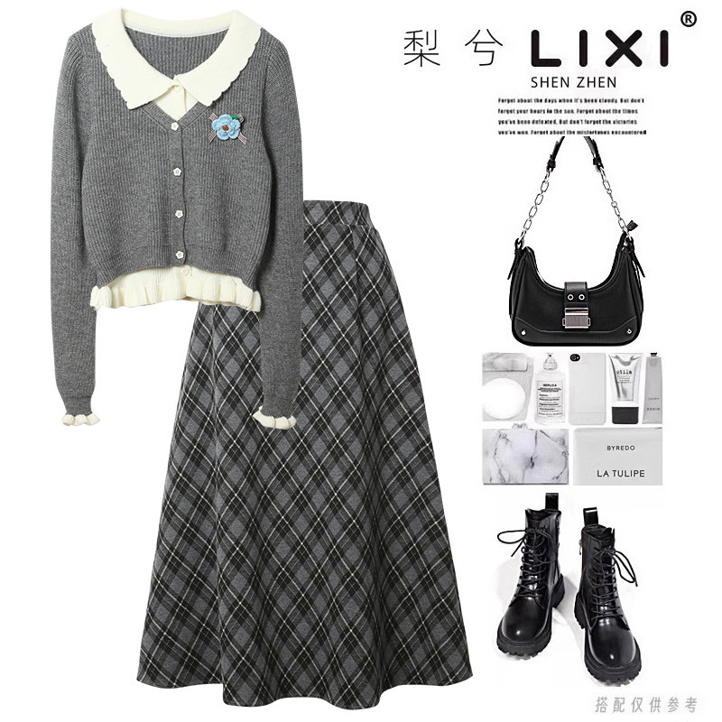 专柜同款秋冬款复古娃娃领长袖毛衣格纹印花毛呢半身裙两件套整套,女装/女士精品,时尚套装,淘宝优惠券,粉丝福利购,淘宝优惠卷