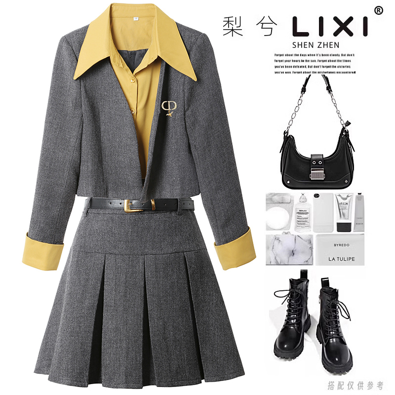 专柜同款冬季新款时尚衬衫拼接假两件毛呢外套百褶短裙两件套装厚