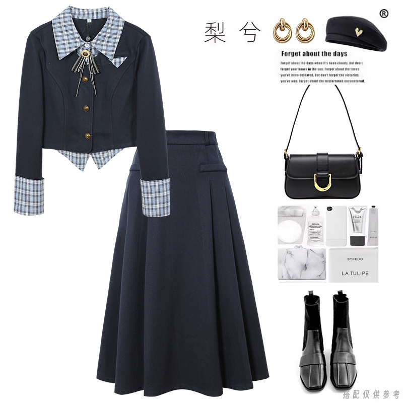 专柜同款冬装款学院风假两件拼接毛呢短上衣高腰半身裙两件套装裙