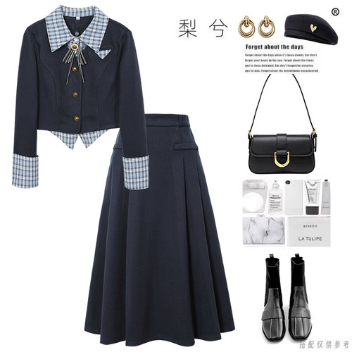 专柜同款冬装款学院风假两件拼接毛呢短上衣高腰半身裙两件套装裙