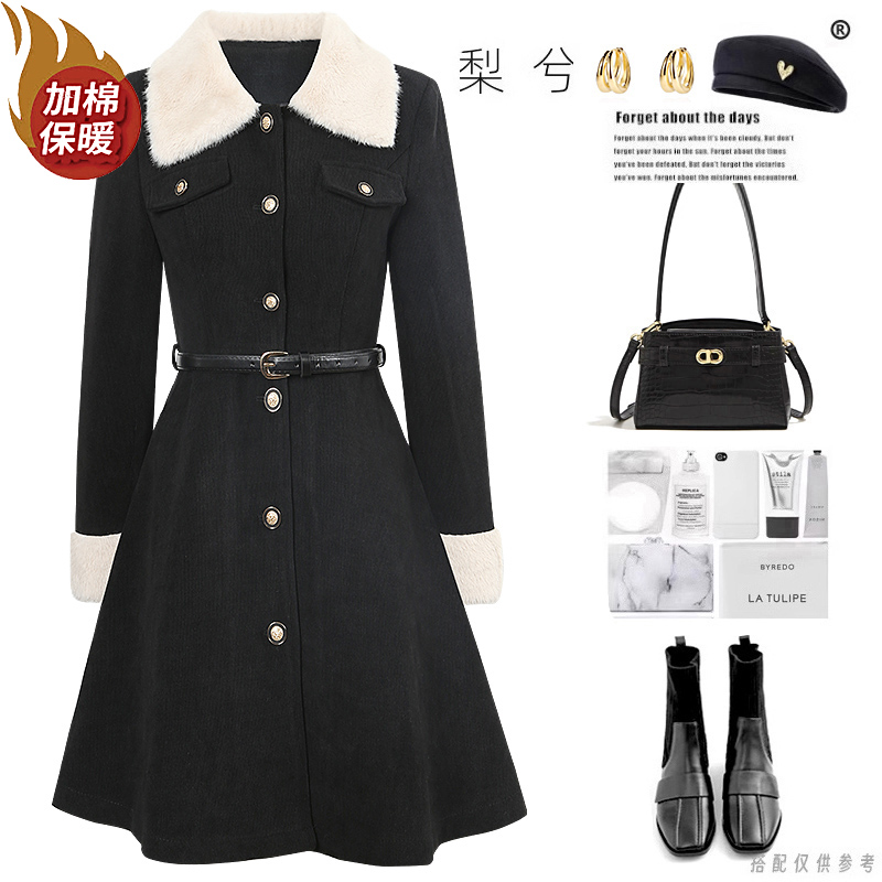 专柜同款柔软毛毛领夹棉加厚灯芯绒法式黑色连衣裙冬季收腰短裙女