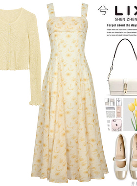 专柜同款春夏新款显白鹅黄色碎花雪纺连衣裙长袖针织衫两件套裙子