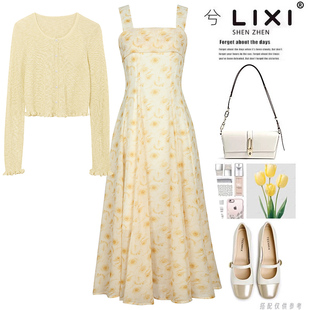 专柜同款春夏新款显白鹅黄色碎花雪纺连衣裙长袖针织衫两件套裙子