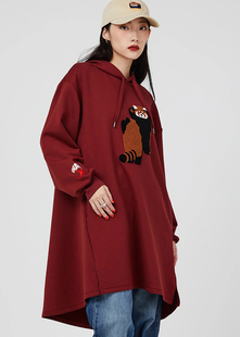 日本小潮牌刺绣宽松轮廓中长款A字型连帽衫卫衣连衣裙