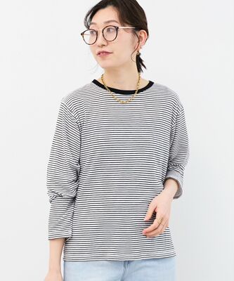 日本le coeur blanc宽松撞色边设计纯棉条纹长袖圆领T恤 文艺气质
