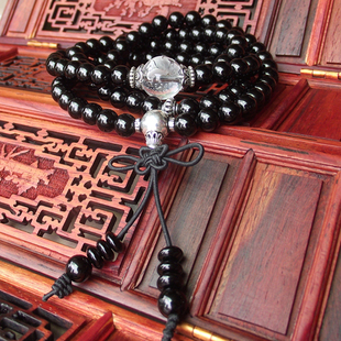正品黑玉髓108颗佛珠925银天然水晶手链高档男女生肖本命饰品手串