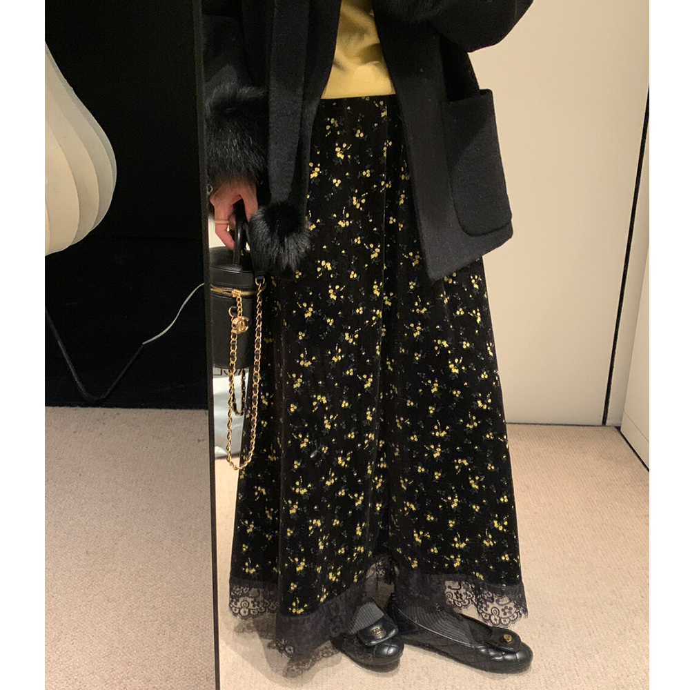 摆碎花加厚丝绒蕾丝半身裙子女士