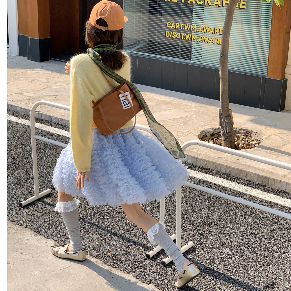 2026新款春夏韩系少女感短款中腰A字网纱蓬蓬蓝色蛋糕半身裙子女