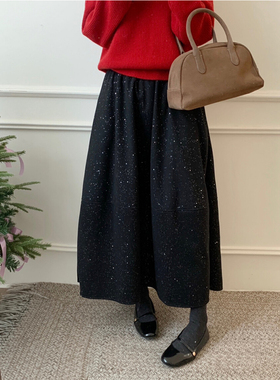 2025秋冬韩系冬季黑色大摆A字裙显瘦中长款小亮片毛呢半身裙女子