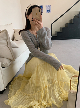2025新款小个子黄色长裙法式优雅浪漫气质大摆花苞纱裙半身裙子女
