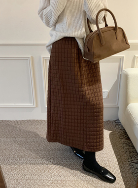2025新款秋冬季韩系chic轻熟中长款直筒开叉格子夹棉半身裙子女士