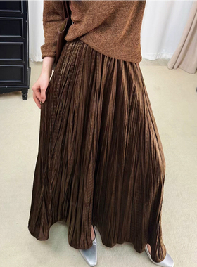 2025新款秋冬季韩系中长款a字不规则丝绒百褶棕色半身裙子女冬裙