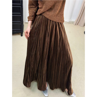 2025新款秋冬季韩系中长款a字不规则丝绒百褶棕色半身裙子女冬裙