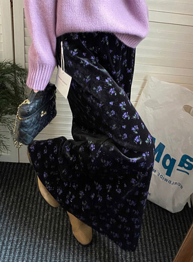 2025新款秋冬季韩系中长款A字小碎花黑色加绒丝绒半身裙子女士