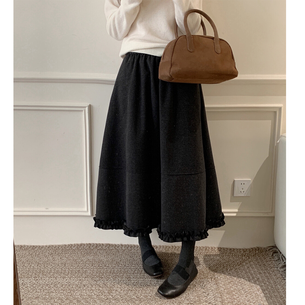 木耳边加厚毛呢半身裙子冬女士