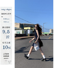 RAINY 复古文艺圆领牛仔背心裙夏季女宽松连衣裙短款a字百褶裙子