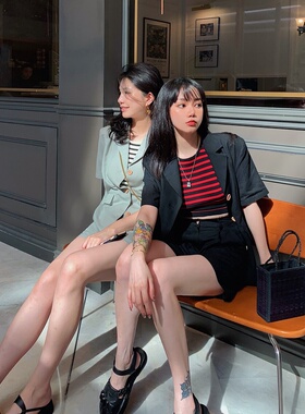 【CMOD】亚麻西装短袖女夏薄款2021外套黑西装短裤宽松