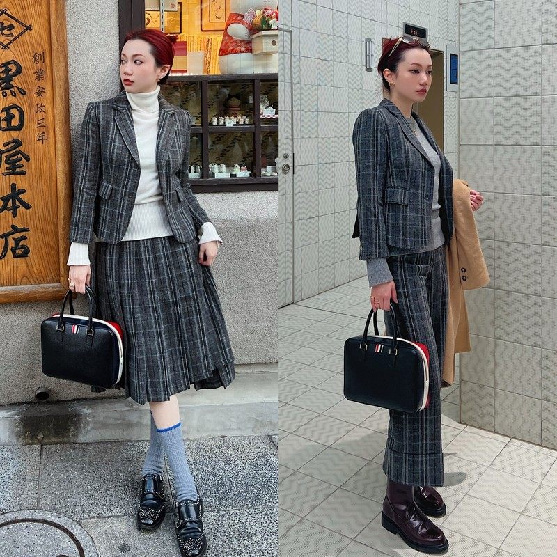 【特价不退不换】深灰格纹粗花呢小西装阔腿八分西裤百褶裙套装