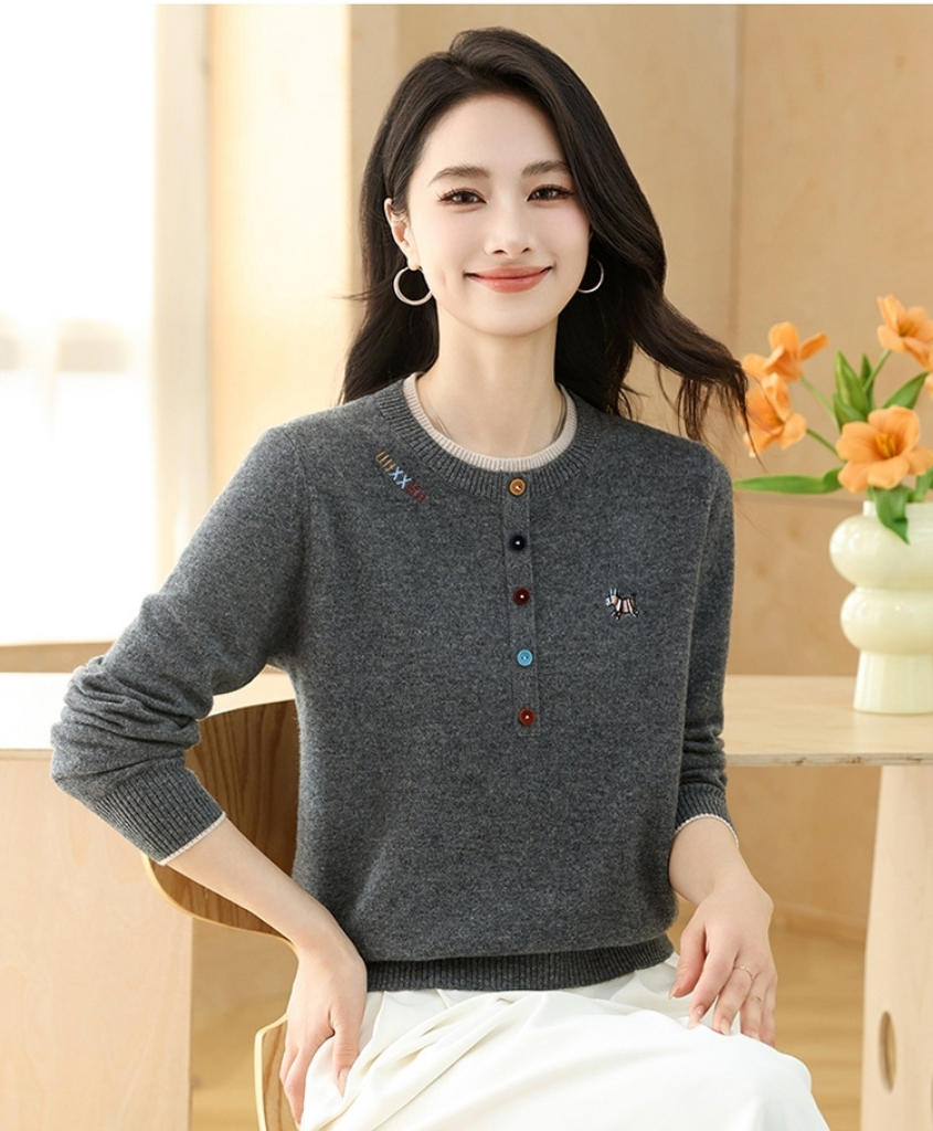 双鹿专柜正品100%羊毛衫女式圆领时尚彩扣青春漂亮高档针织毛衣灰,女装/女士精品,毛针织衫,淘宝优惠券,粉丝福利购,淘宝优惠卷