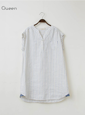 DoisQueen彩后台北v领短袖条纹上衣夏亚麻透气森女甜美夏日挚爱