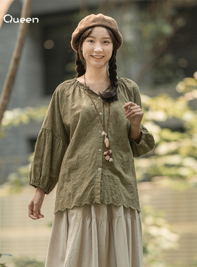 DoisQueen彩后台北长袖纯色开领排扣薄款上衣女春文艺复古