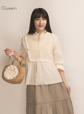 DoisQueen彩后台北荷叶领波点上衣女夏气质纯色修身显瘦休闲复古