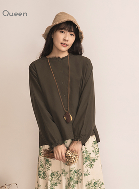 DoisQueen彩后台北绣花绑带排扣纯棉刺绣上衣女秋冬甜美森系清新