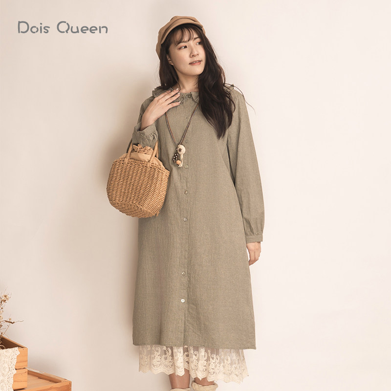 DoisQueen彩后台北娃娃领排扣棉麻长袖连衣裙女秋冬日系森林系