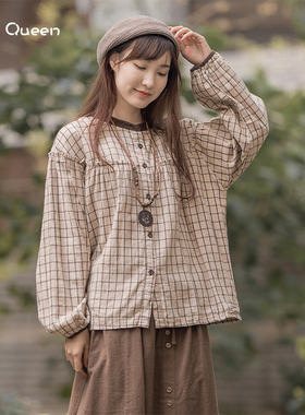 DoisQueen彩后台北格子长袖棉麻上衣宽松减龄森系冬季推荐复古