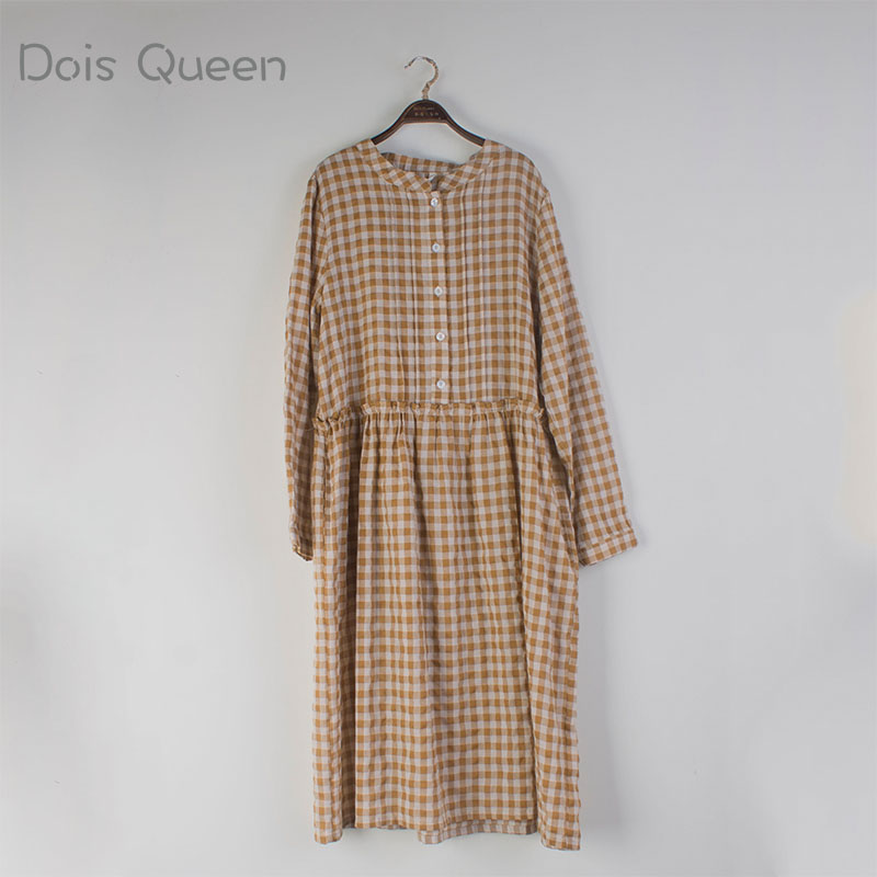 Dois Queen学院风格子连衣裙女长袖中长款春装新款衬衫裙宽松女装