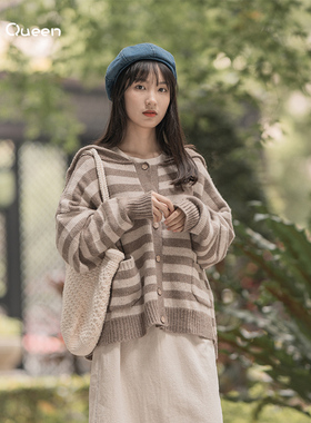 DoisQueen彩后台北单排扣条纹长袖羊毛开衫冬季海军领森女慵懒风
