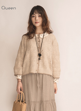 DoisQueen彩后台北圆领排扣花纹羊毛外套女开衫灰色文艺复古森系