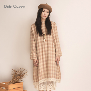 DoisQueen彩后台北木耳领格纹蕾丝连衣裙秋冬长袖 文艺复古慵懒风