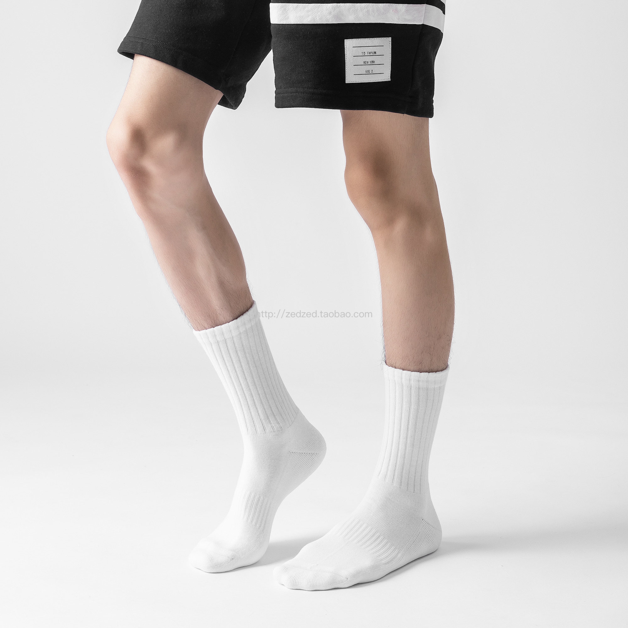 【2双】简约纯色罗纹口毛巾底运动男袜白袜控毛圈吸汗潮流中筒袜