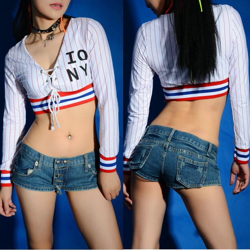 性感辣妹dj打碟V领超短跳舞上衣