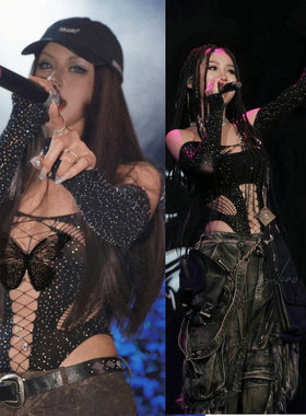 欧美jazz跳舞穿搭韩舞女团舞蹈演出服酒吧爵士舞上衣网格烫钻连裆