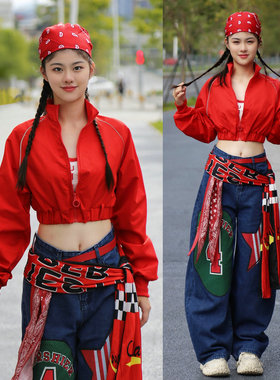 辣妹穿搭爵士跳舞上衣露脐超短外套kpop舞蹈服装红色演出服女团风