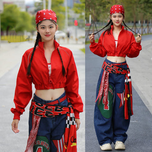 年会舞台表演服装红色街舞上衣女