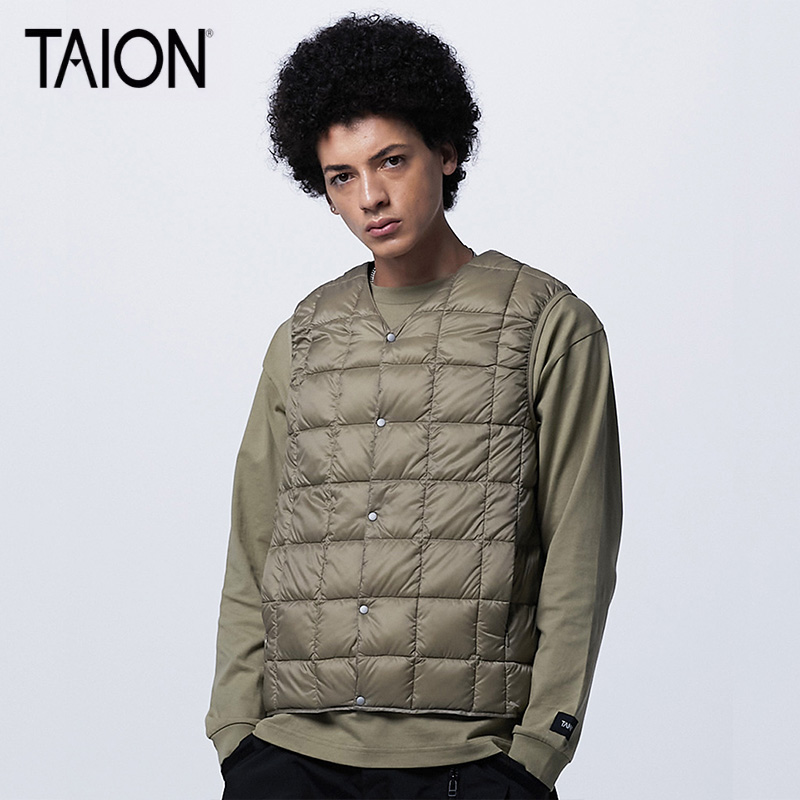 TAION男 秋冬户外休闲格纹圆领V领羽绒马甲羽绒背心