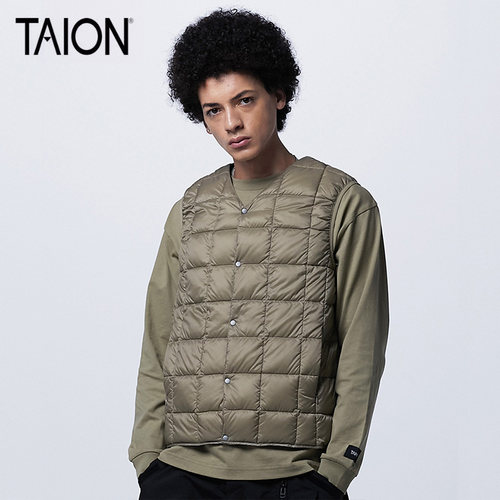 TAION男 秋冬户外休闲格纹圆领V领羽绒马甲羽绒背心