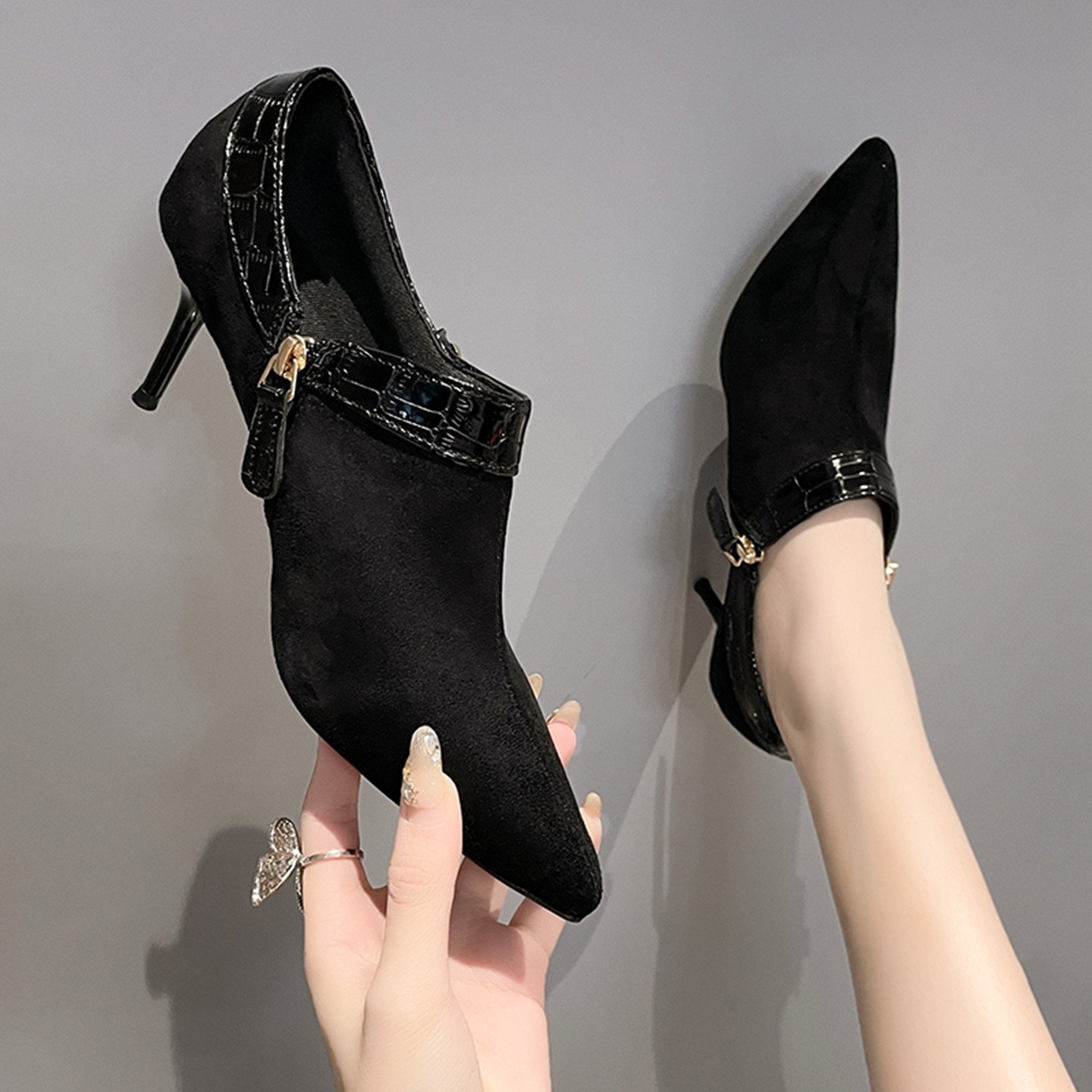 欧美风尖头侧拉链深口单鞋