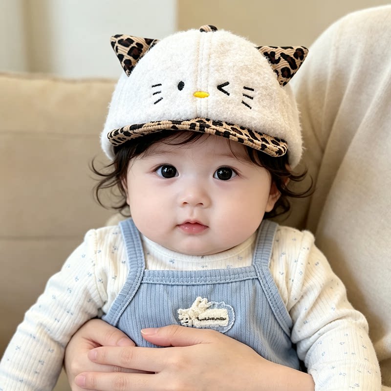 儿童帽子可爱猫咪豹纹软檐棒球帽婴幼儿男女宝宝显脸小百搭鸭舌帽