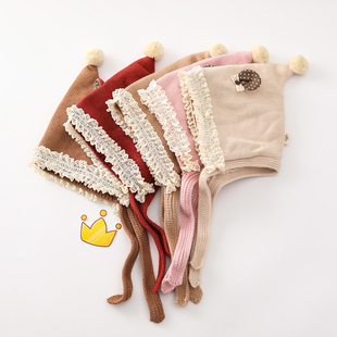 婴儿秋冬帽子女宝宝洋气韩系针织毛线帽冬季婴幼儿纯棉保暖护耳帽