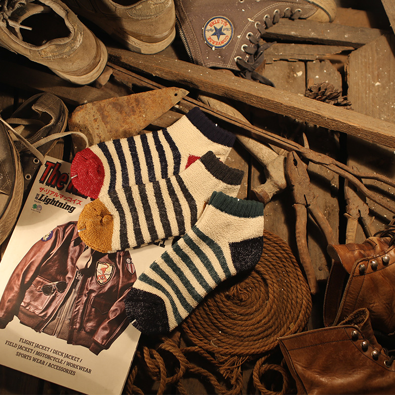 冬季加厚保暖反丝毛圈舒适短筒男袜 日系条纹复古风拼色短船袜子