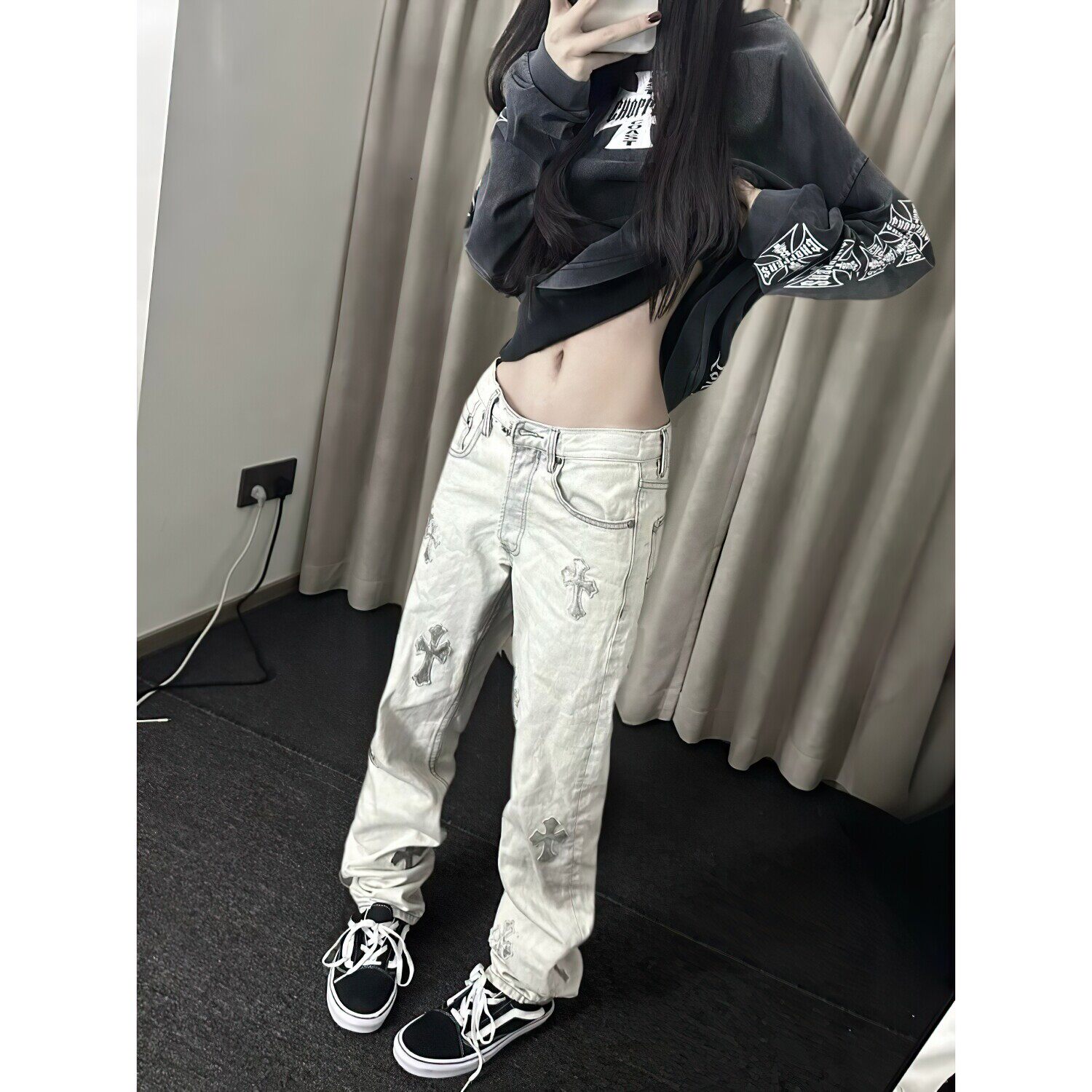 美式高街轻奢穿搭501十字架银马毛牛仔裤男女同款修身休闲长裤装